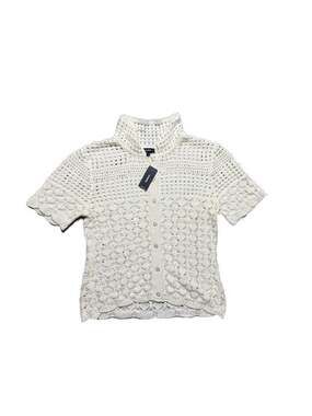 Express Crochet Short Sleeve Button-Up Mock Neck Top, Size M